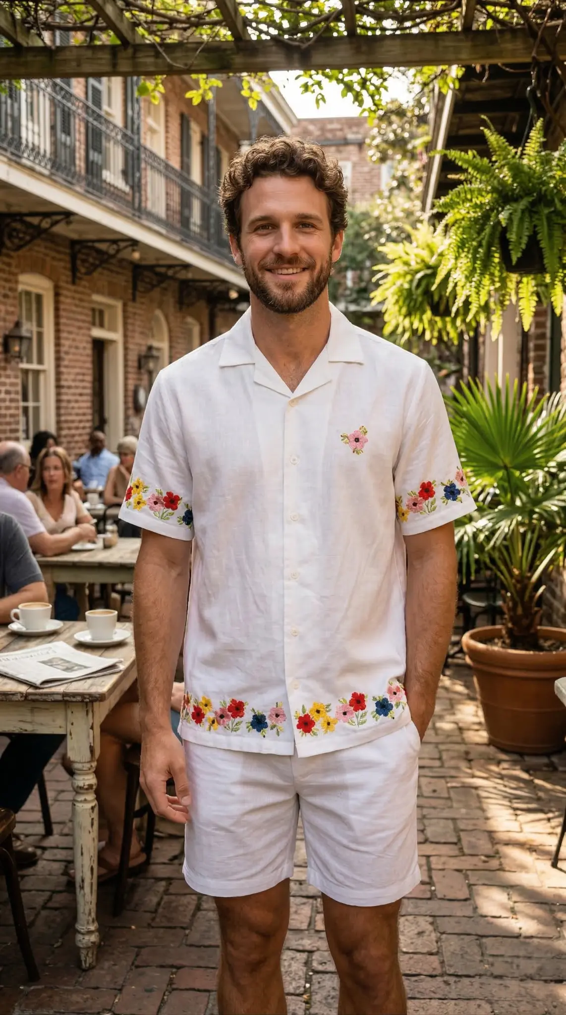 tropical vacation outfit mens linen shirt cafe shot
