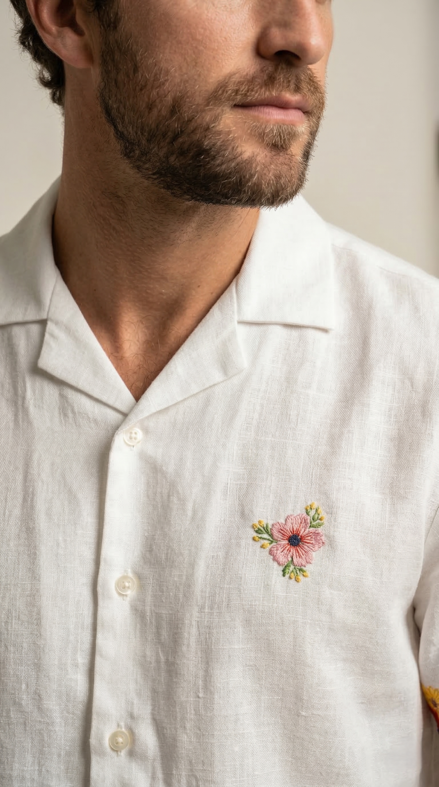 embroidered linen shirt chest flower detail