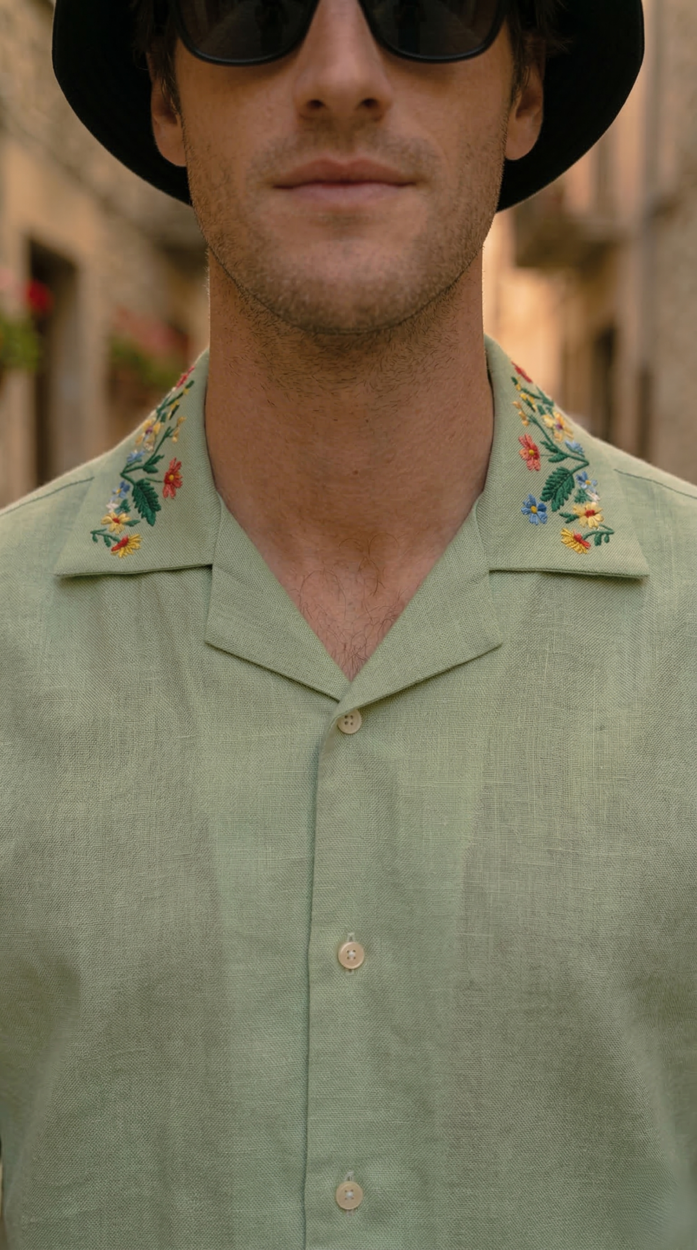 embroidered linen shirt collar detail close up