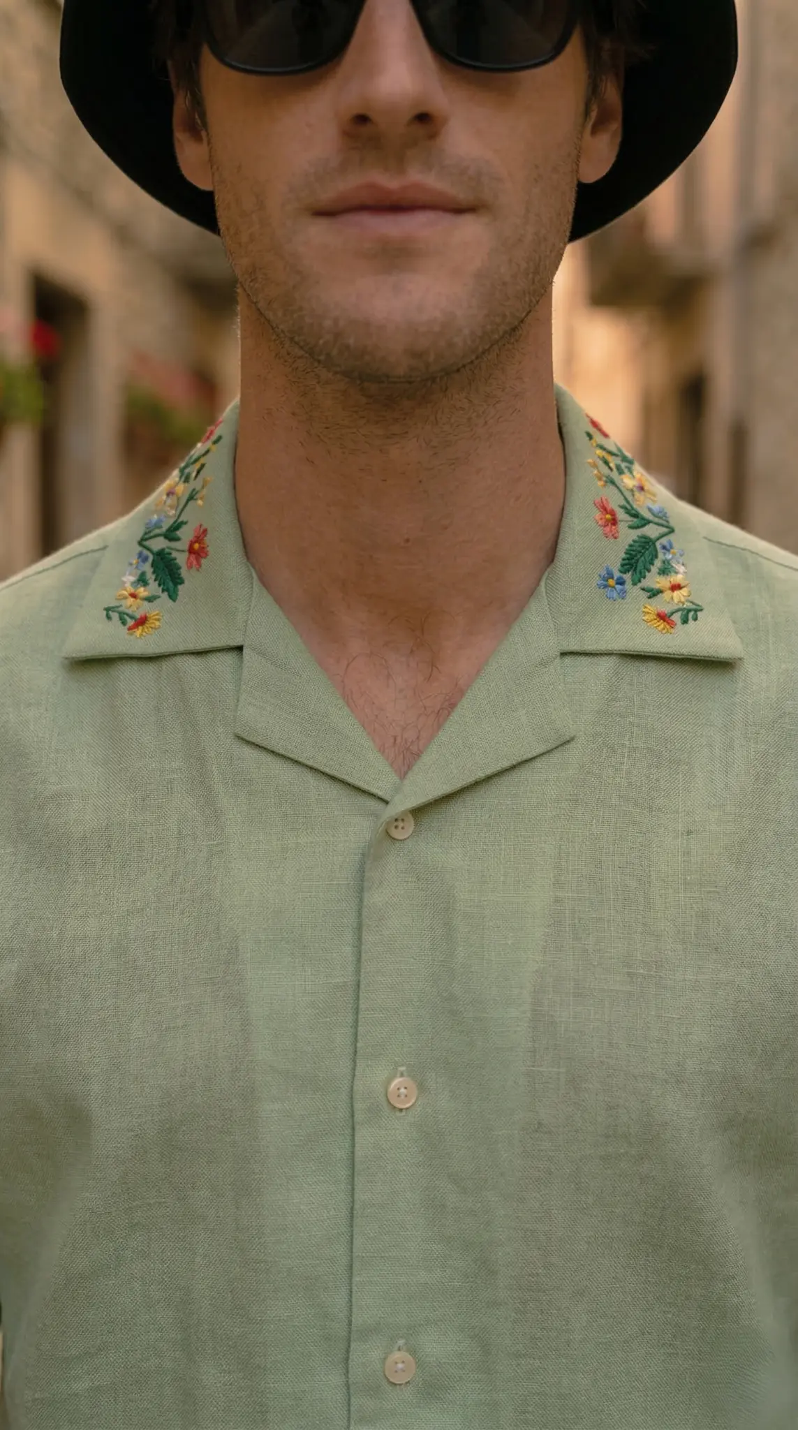 close up embroidered cuban collar shirt men, sage green linen shirt with floral hand embroidery detail