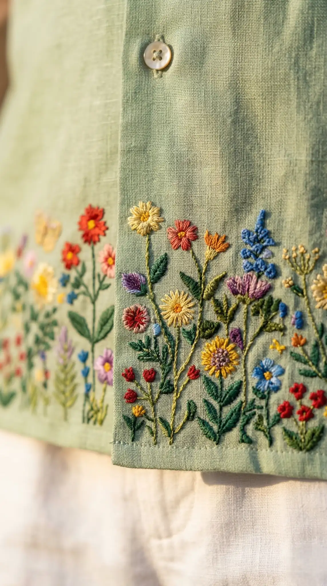 hand embroidered floral detail on linen shirt, colorful flower embroidery on sage green mens shirt