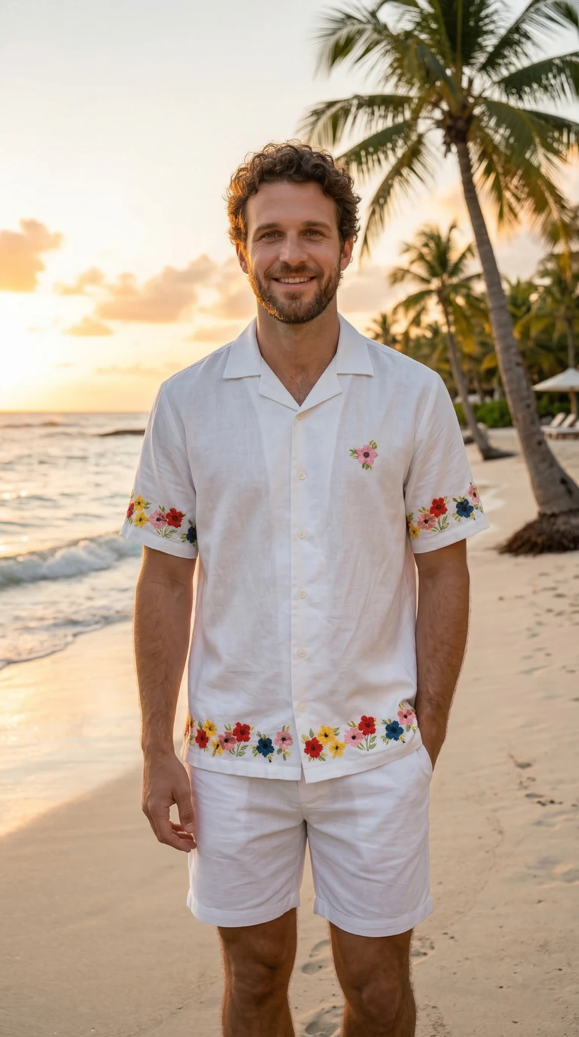 tropical vacation outfit mens linen shirt beach pose