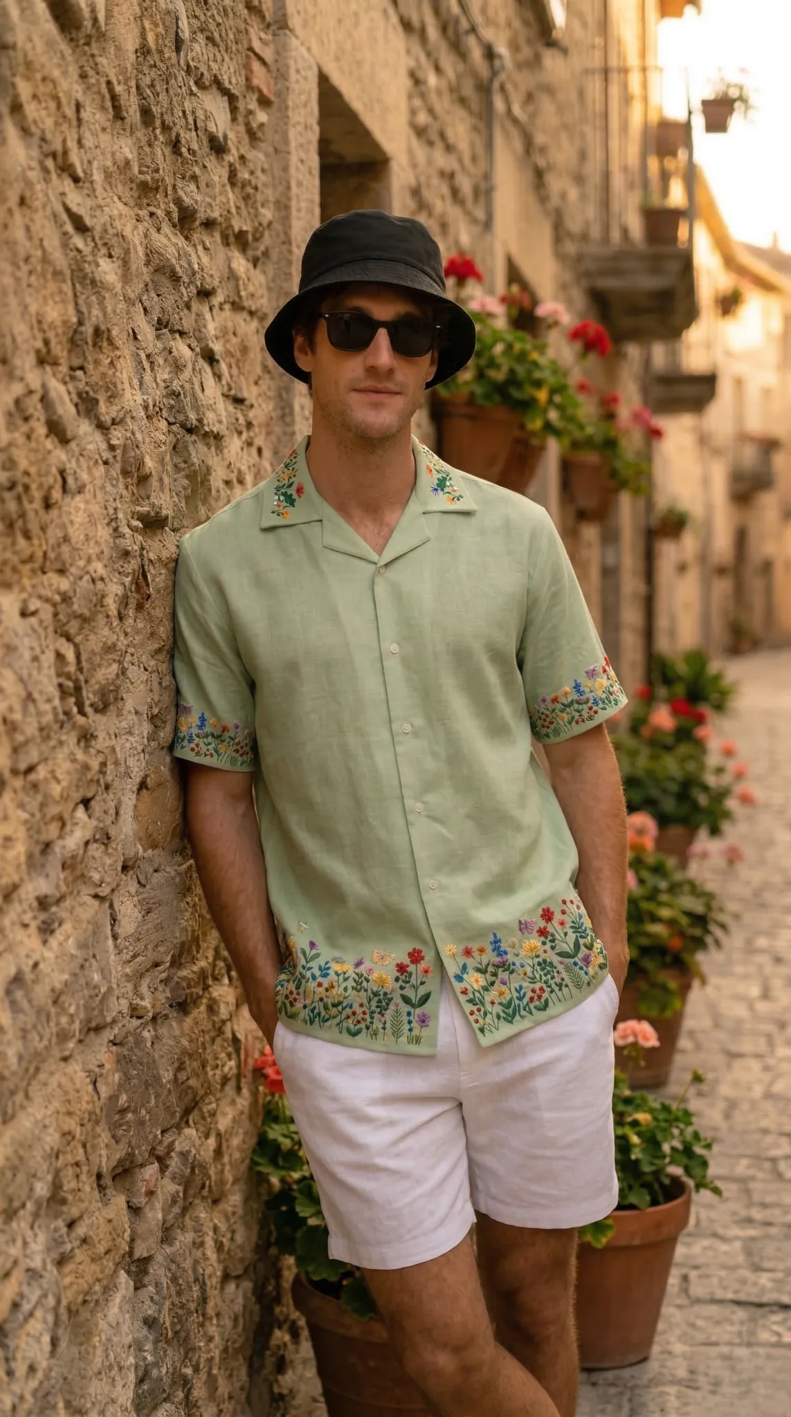 mens embroidered linen shirt outfit street style, sage green resort wear shirt with white shorts