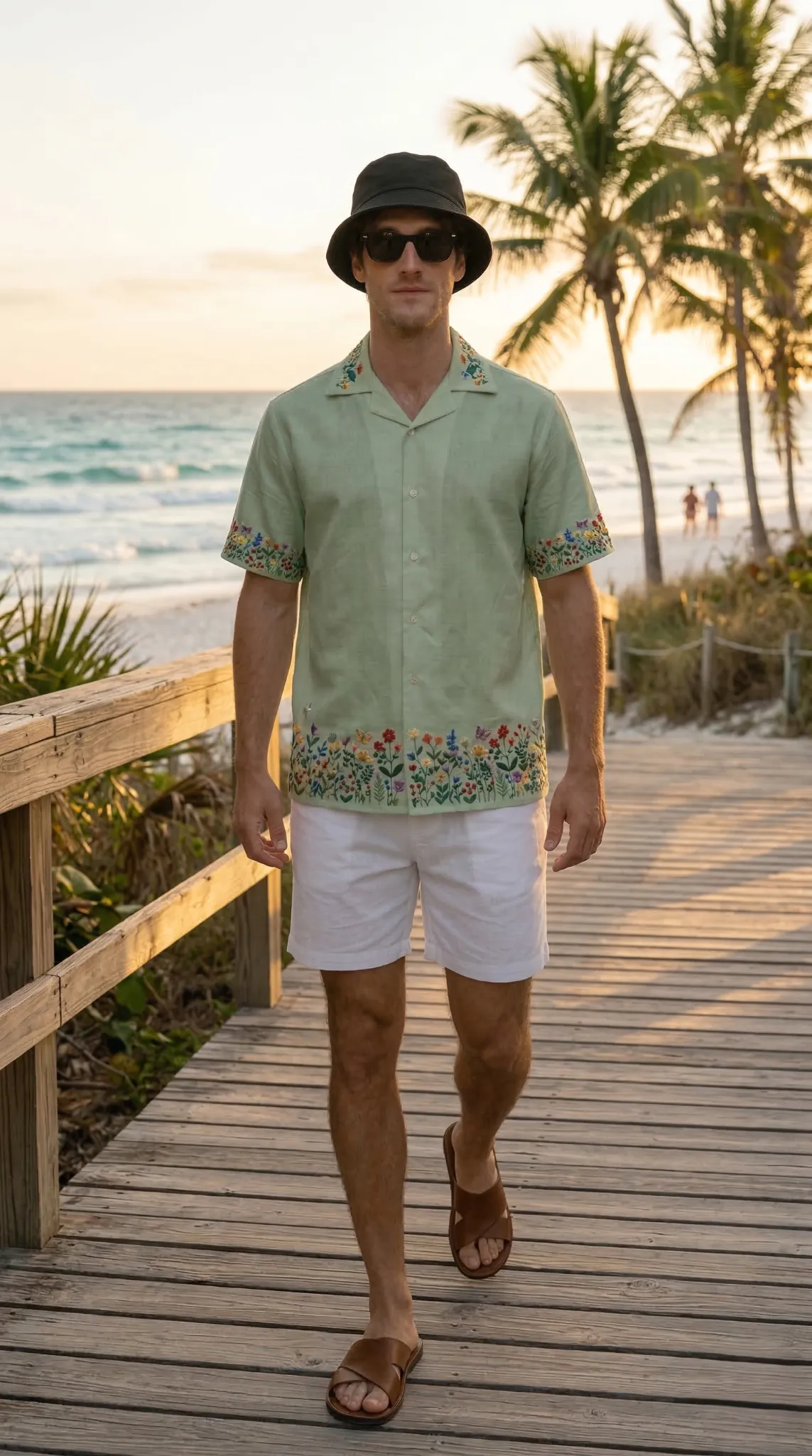 mens beach outfit linen embroidered shirt, summer resort wear with floral embroidery and white shorts