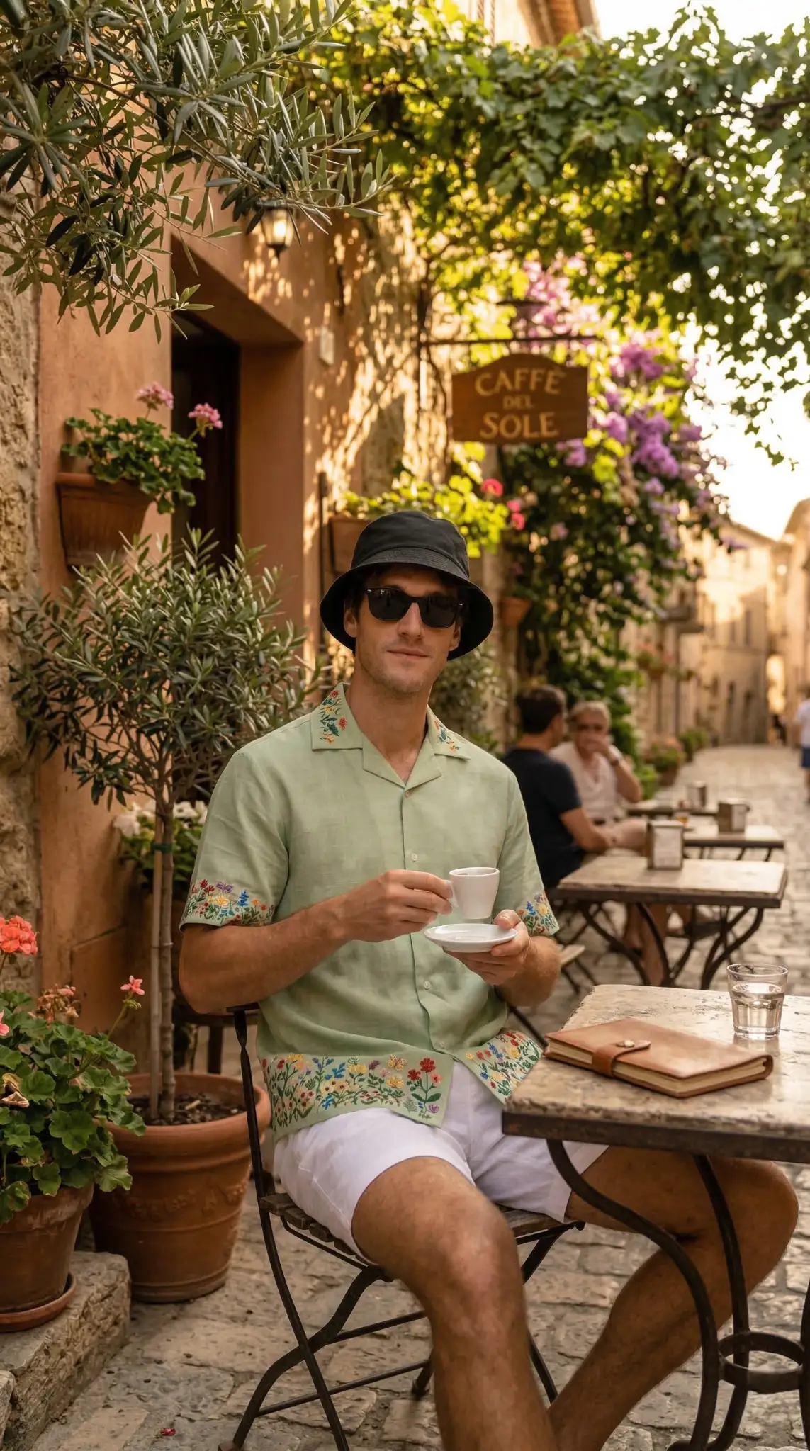 mens resort wear outfit cafe style, sage green embroidered shirt aesthetic summer fashion look
