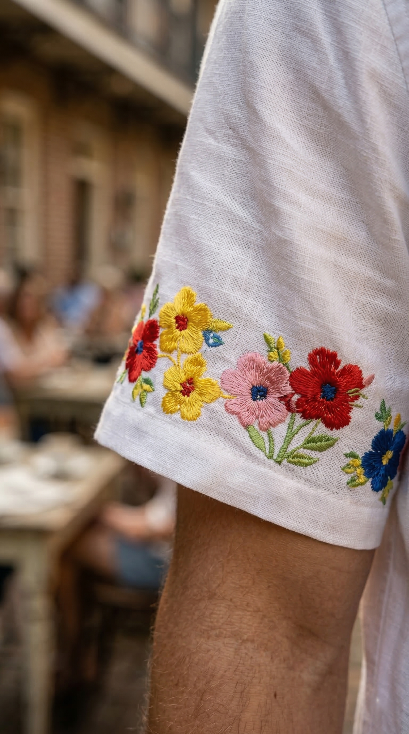 sleeve embroidery detail mens linen shirt