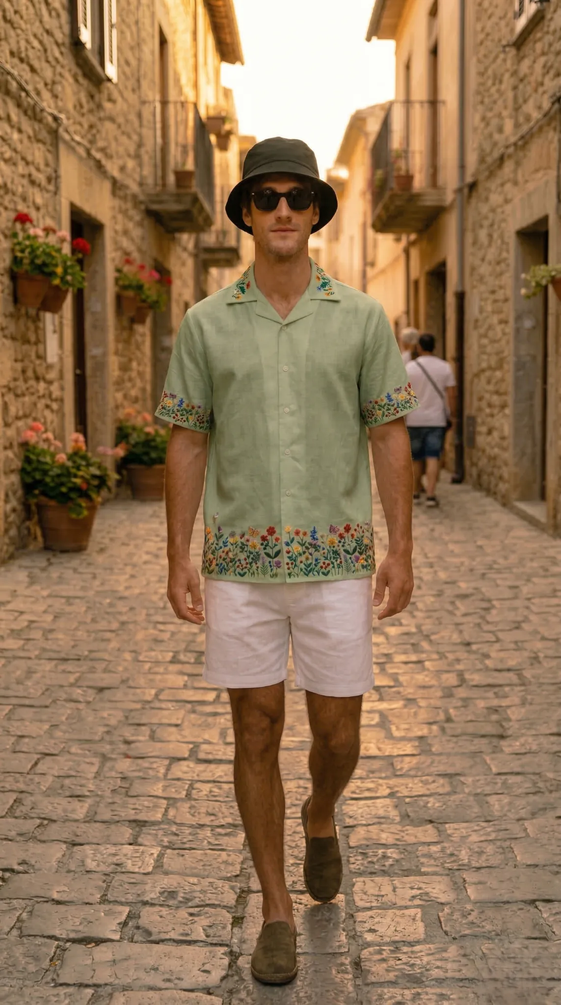mens linen embroidered shirt full outfit, cuban collar floral shirt summer street fashion