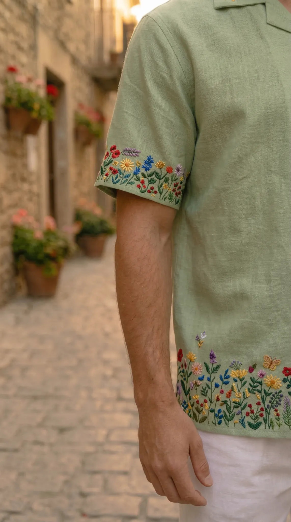embroidered sleeve detail mens linen shirt, floral hand embroidery sage green short sleeve shirt