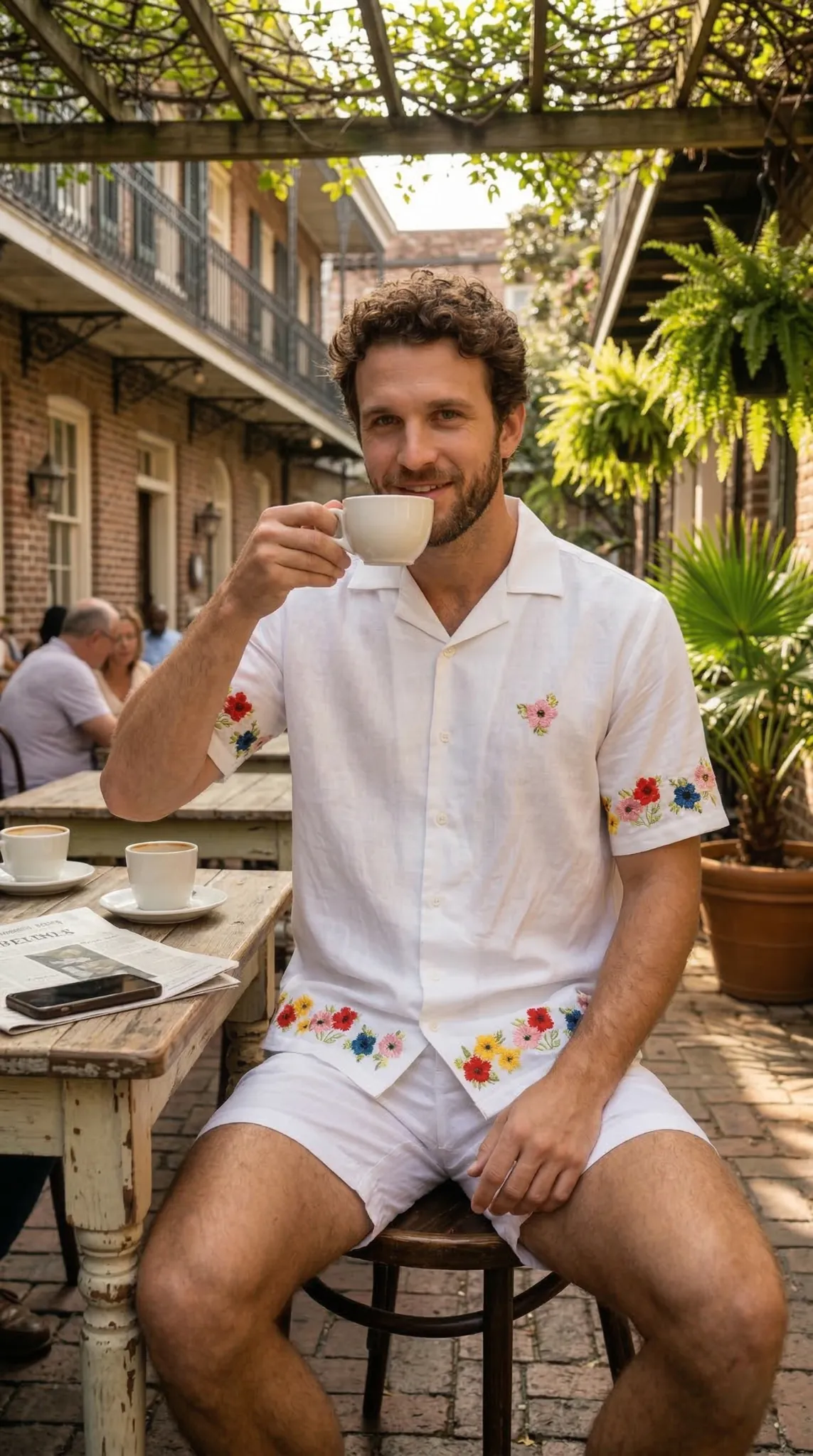 tropical vacation outfit mens linen shirt street pose