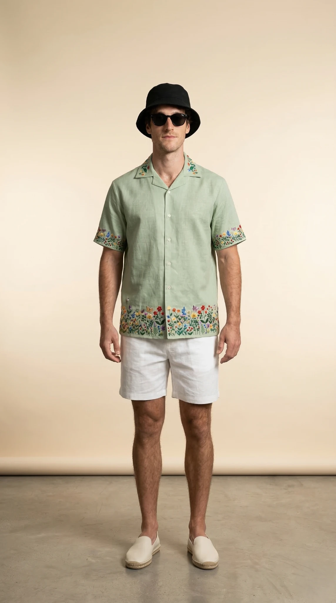 mens sage green linen embroidered shirt front view, cuban collar summer shirt with floral embroidery