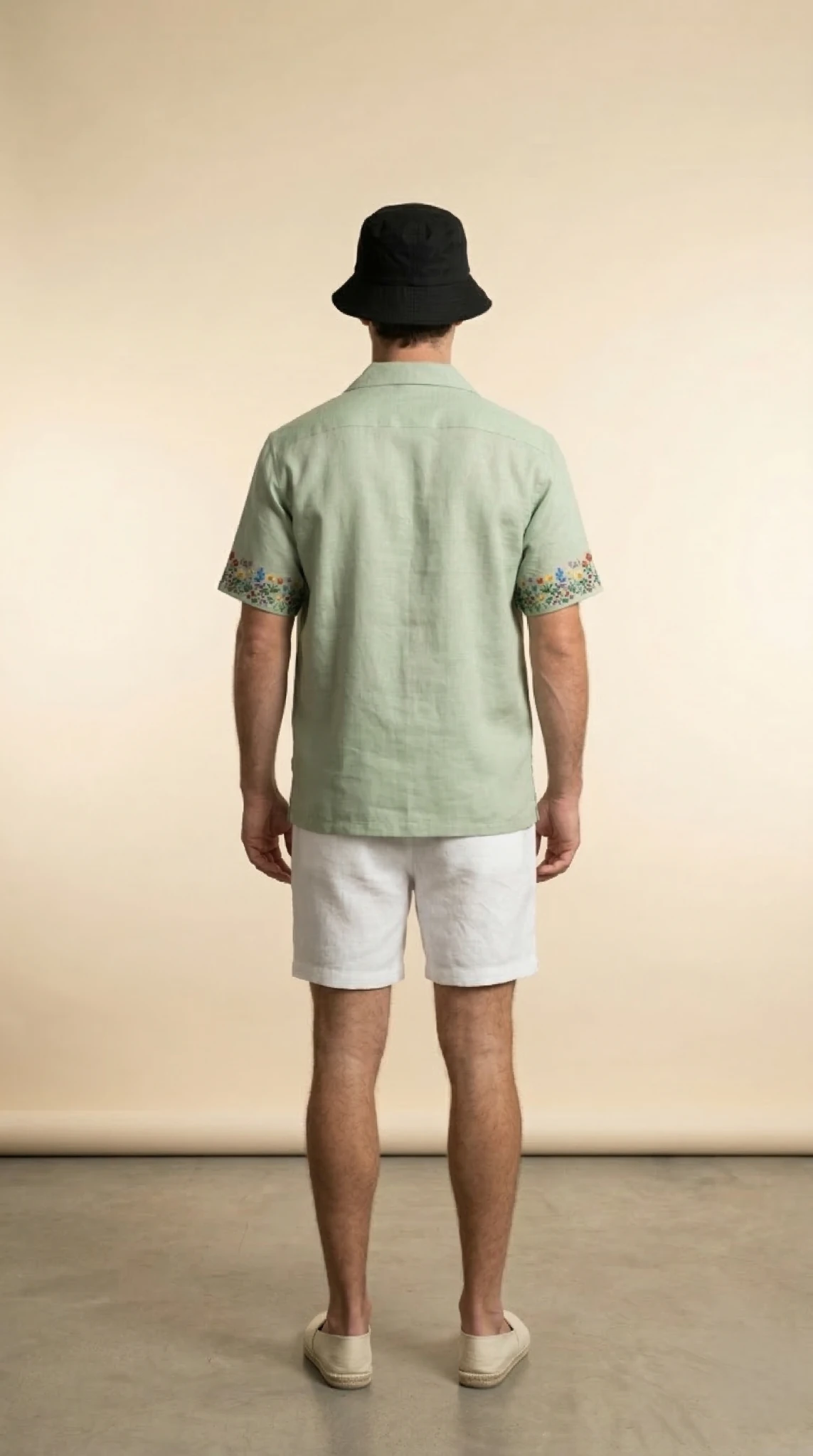 mens sage green embroidered linen shirt back view, cuban collar resort wear, handmade floral embroidery summer outfit