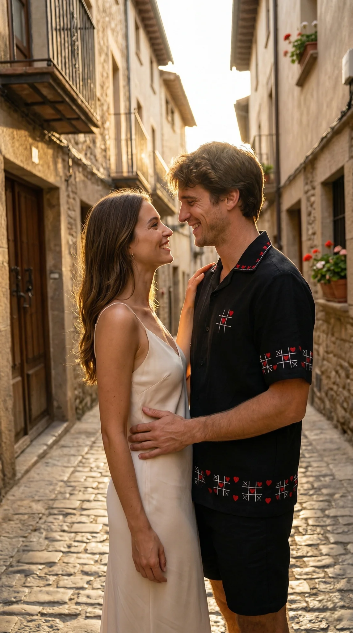 Couple in romantic street wearing black embroidered Cuban collar shirt, luxury handmade mens fashion vacation outfit
