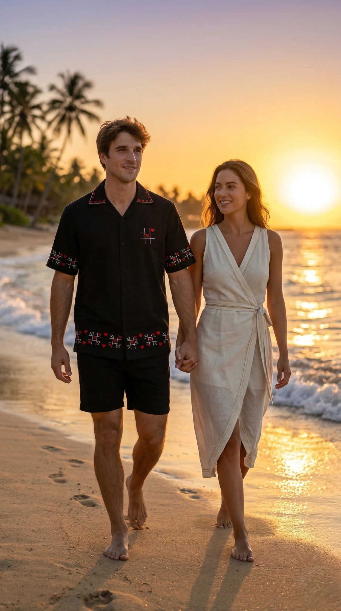 Couple walking on beach wearing black embroidered Cuban collar shirt, luxury resort wear mens outfit summer vacation style