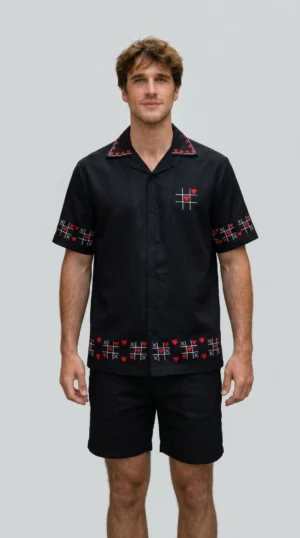 Black Cuban collar shirt with red heart embroidery for men, handmade cotton shirt front view, luxury summer resort wear outfit