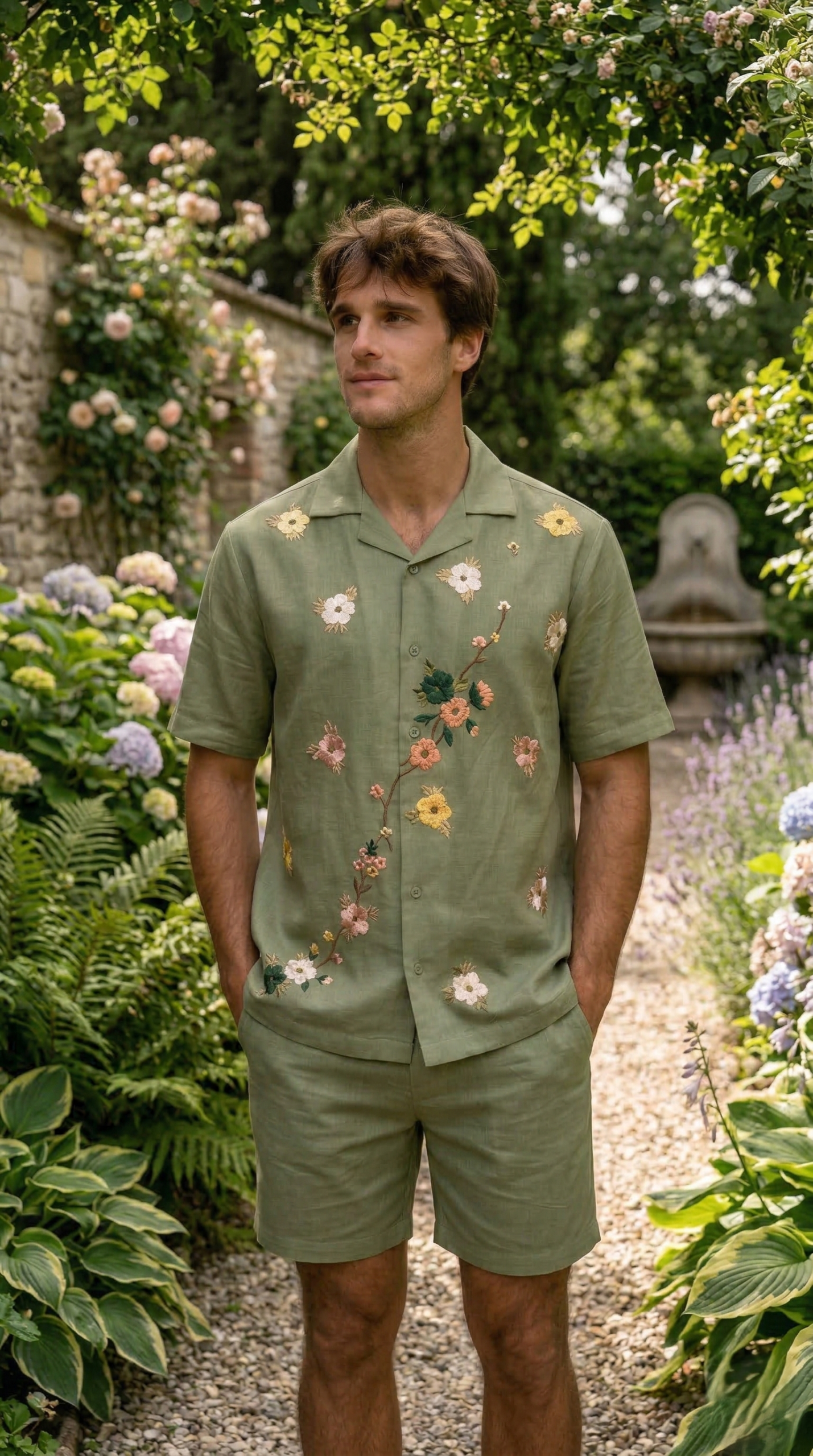 mens green embroidered linen shirt front view