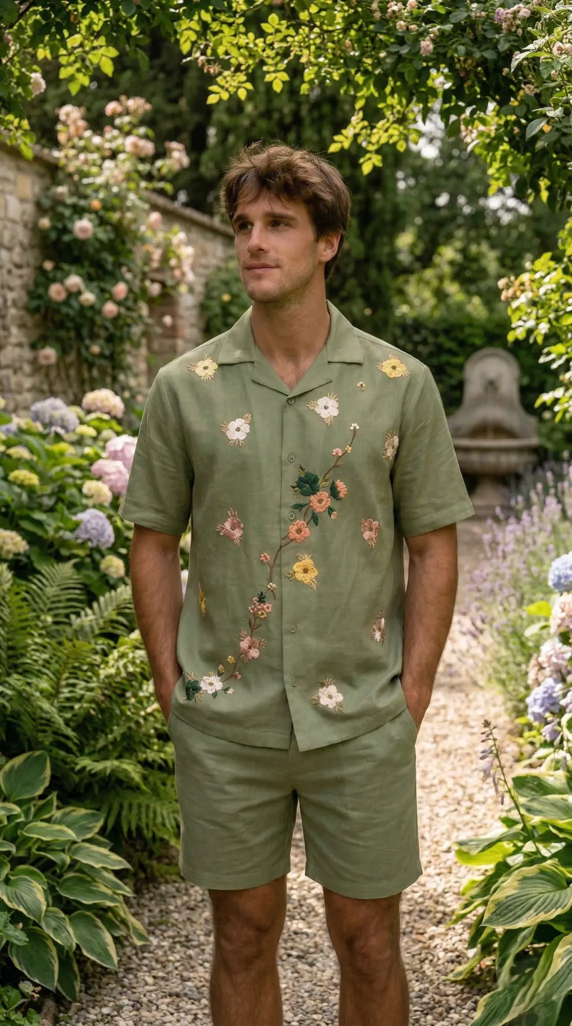 Men’s green floral embroidered Cuban collar shirt in garden, handmade premium summer outfit relaxed fit