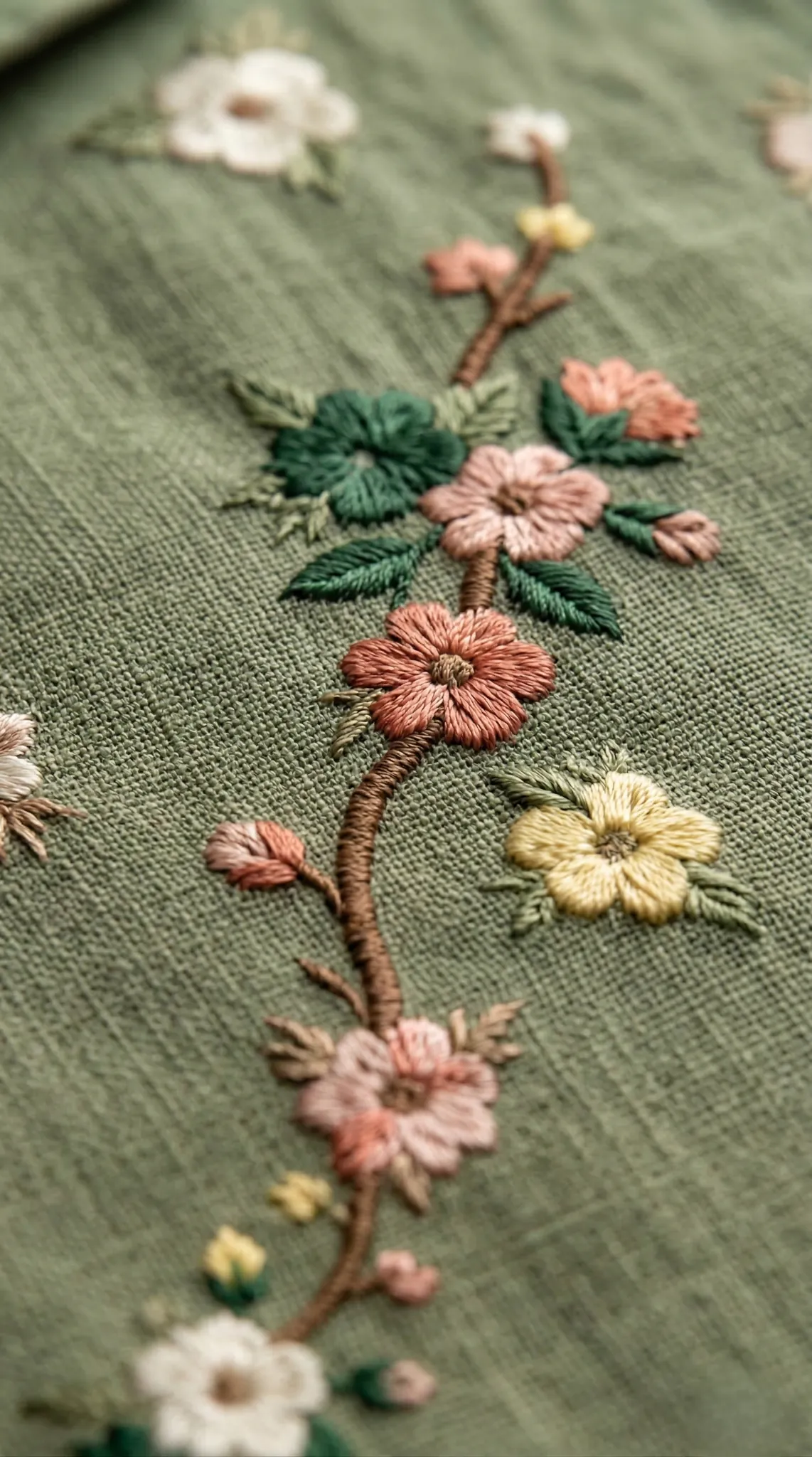 Close-up of floral hand embroidery on green linen shirt, detailed artisan stitching premium handmade shirt texture