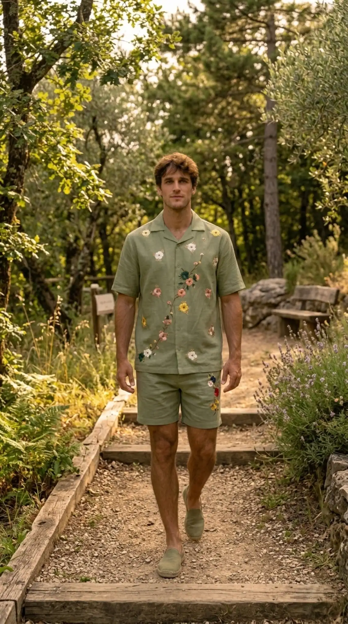 Men’s green linen co-ord set with embroidered floral shirt and shorts, luxury summer vacation outfit resort wear