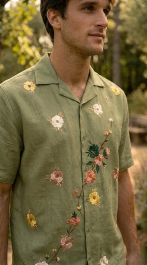 Men’s green embroidered linen shirt floral Cuban collar resort wear, handmade embroidery summer outfit breathable cotton shirt