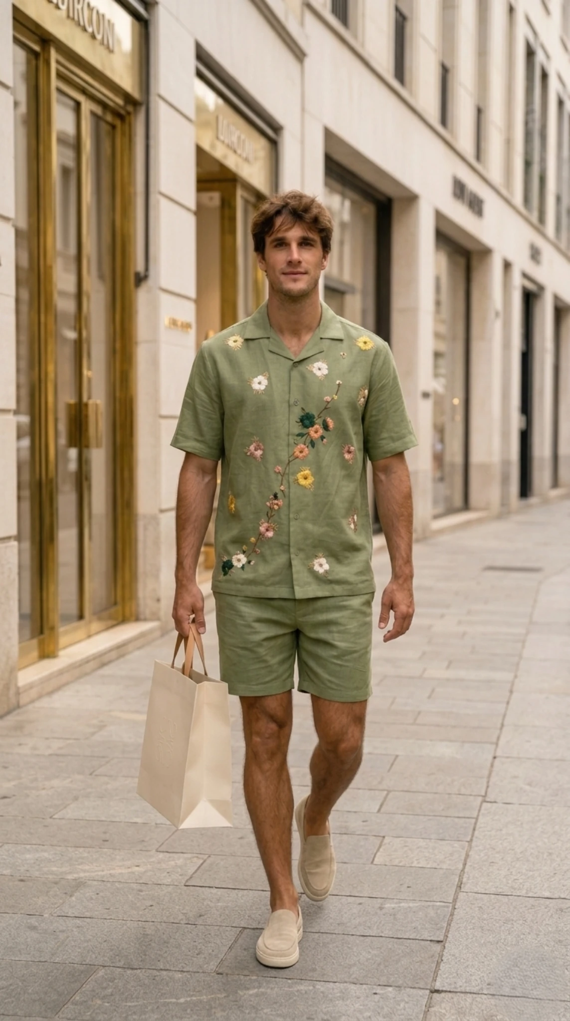 Stylish man wearing green embroidered Cuban collar shirt walking in city street, luxury casual summer outfit