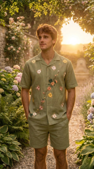 mens summer outfit linen shirt beach sunset