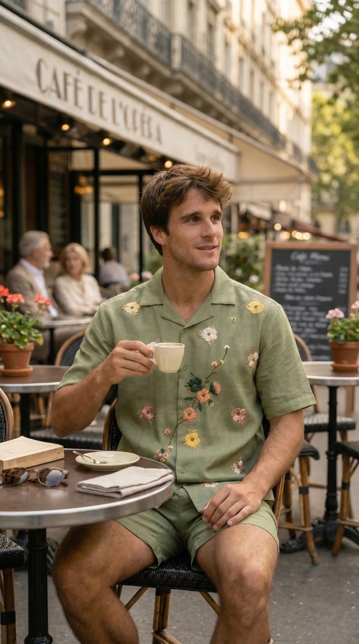 Man wearing floral embroidered green shirt at cafe, premium resort wear summer outfit stylish casual look