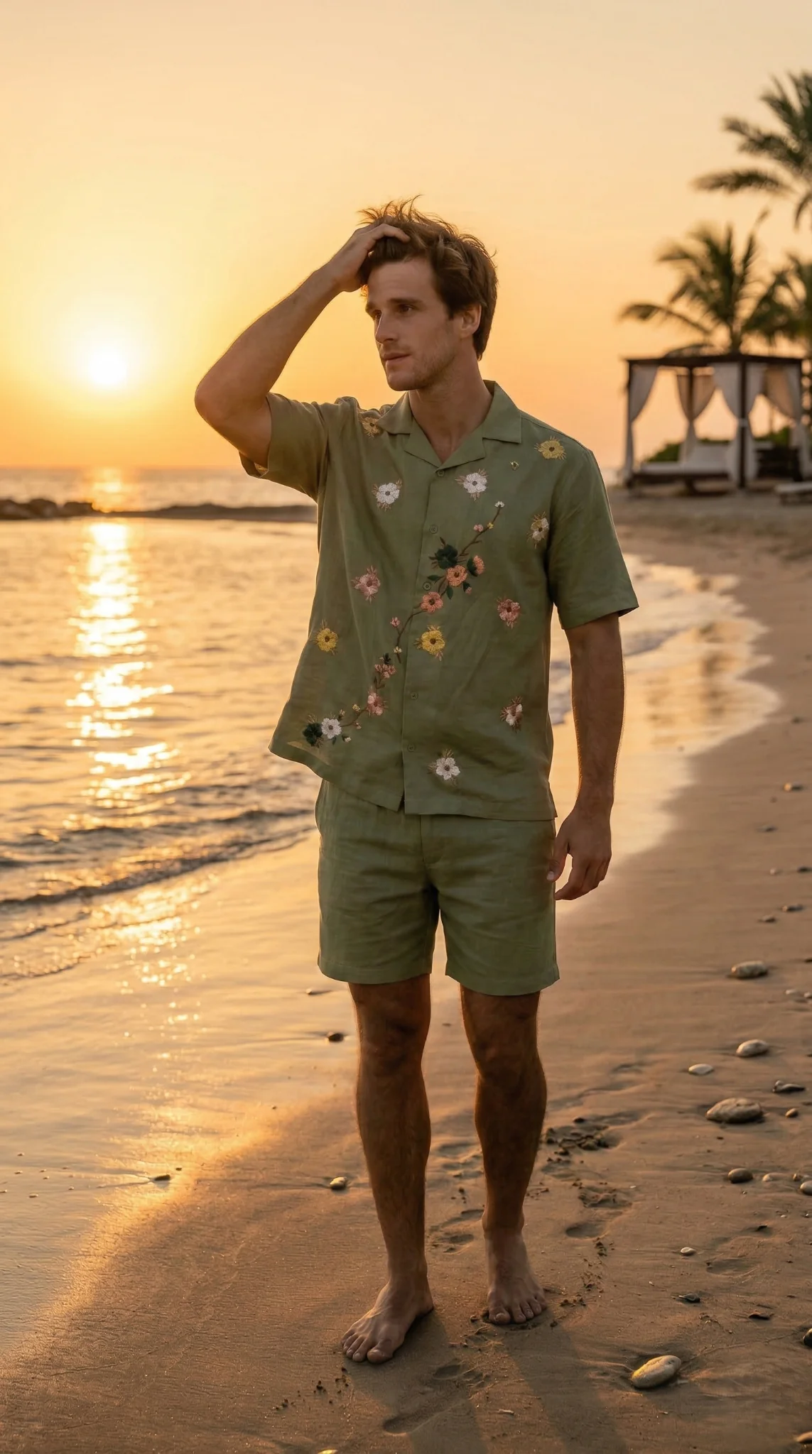 Men’s green embroidered linen shirt at beach sunset, luxury vacation outfit breathable summer fashion