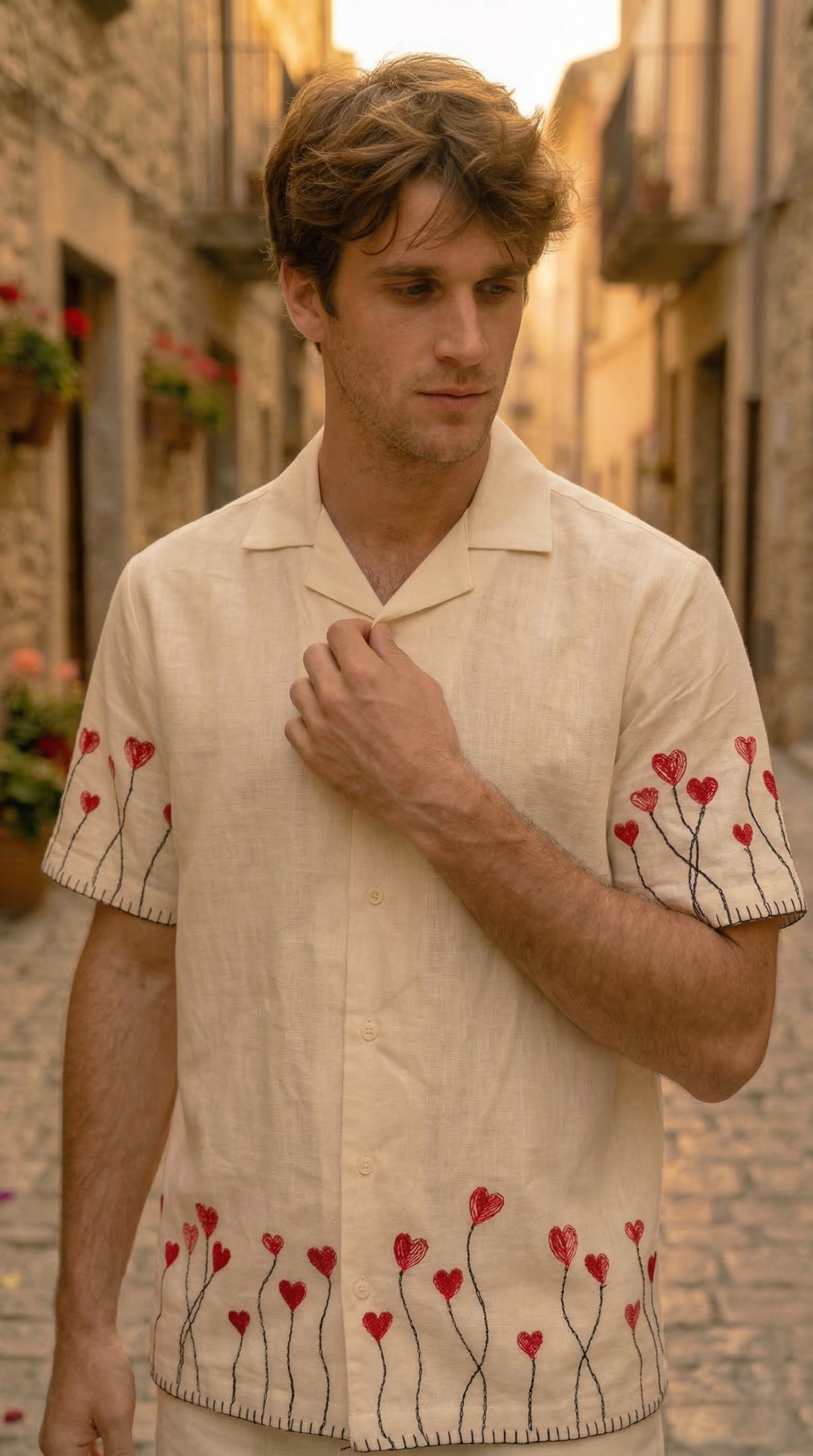 Side view mens Cuban collar shirt with heart embroidery lightweight summer wear