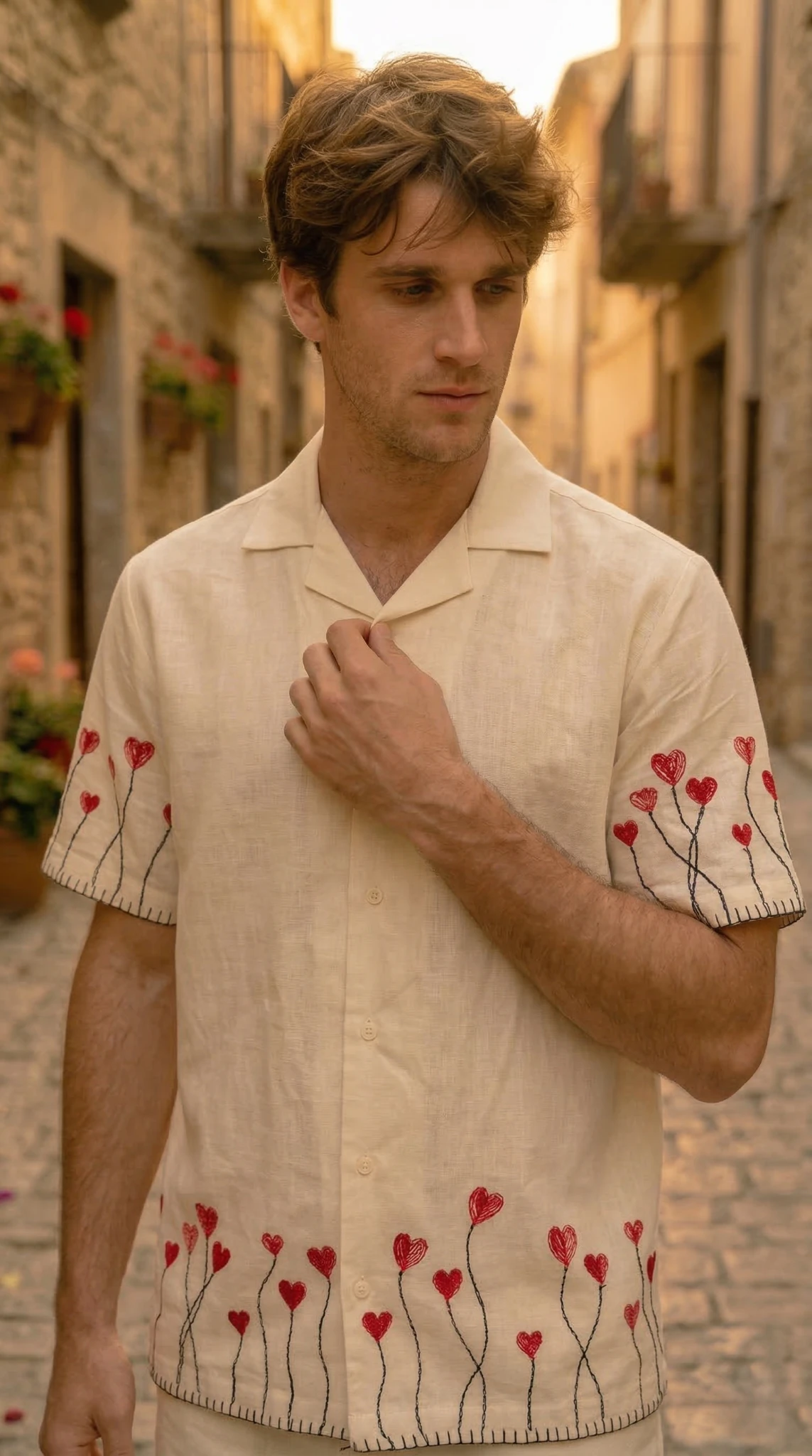 collar closeup mens summer outfit linen shirt and shorts beach vacation style