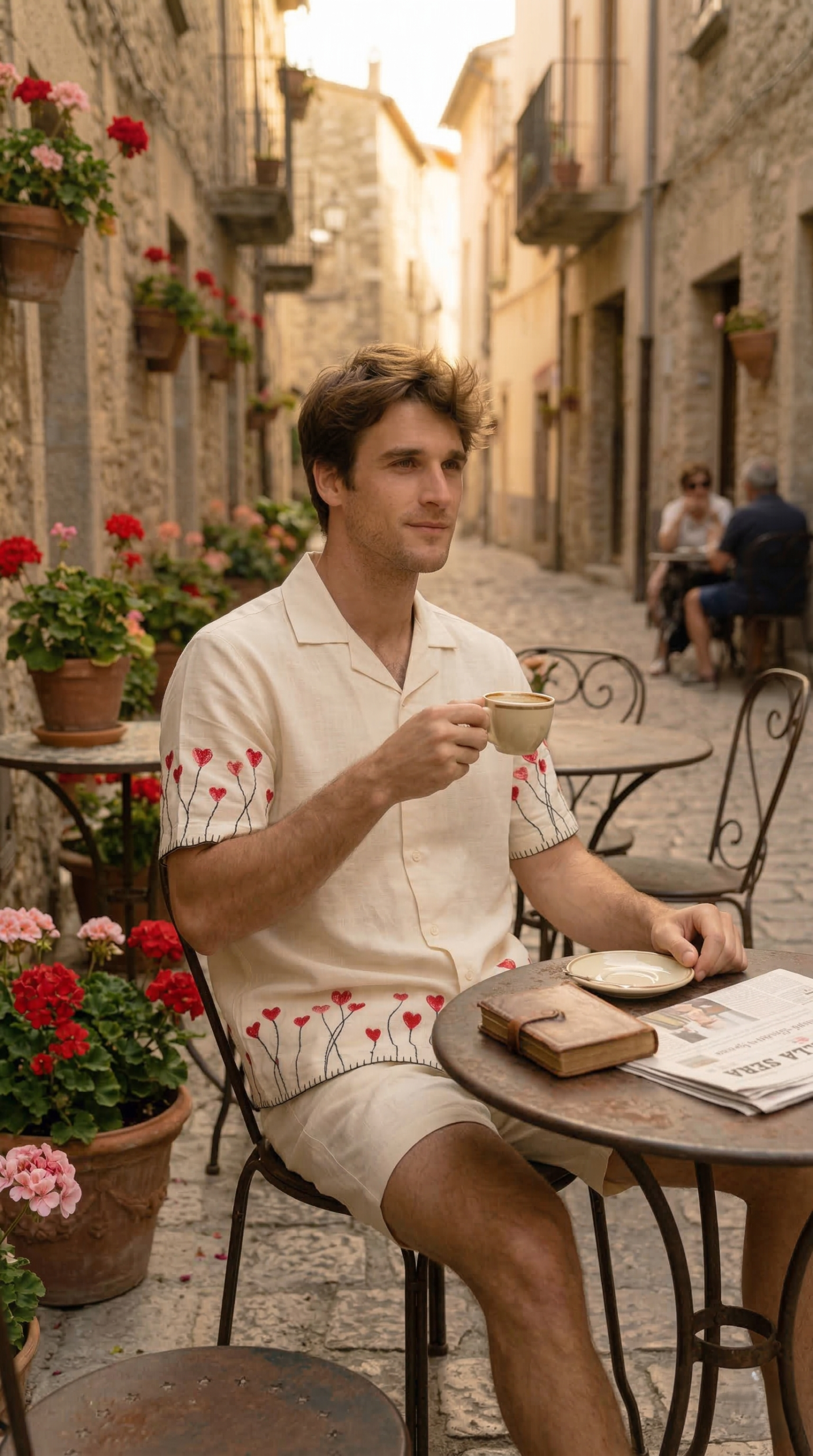 Lifestyle image man sitting cafe wearing embroidered linen summer shirt