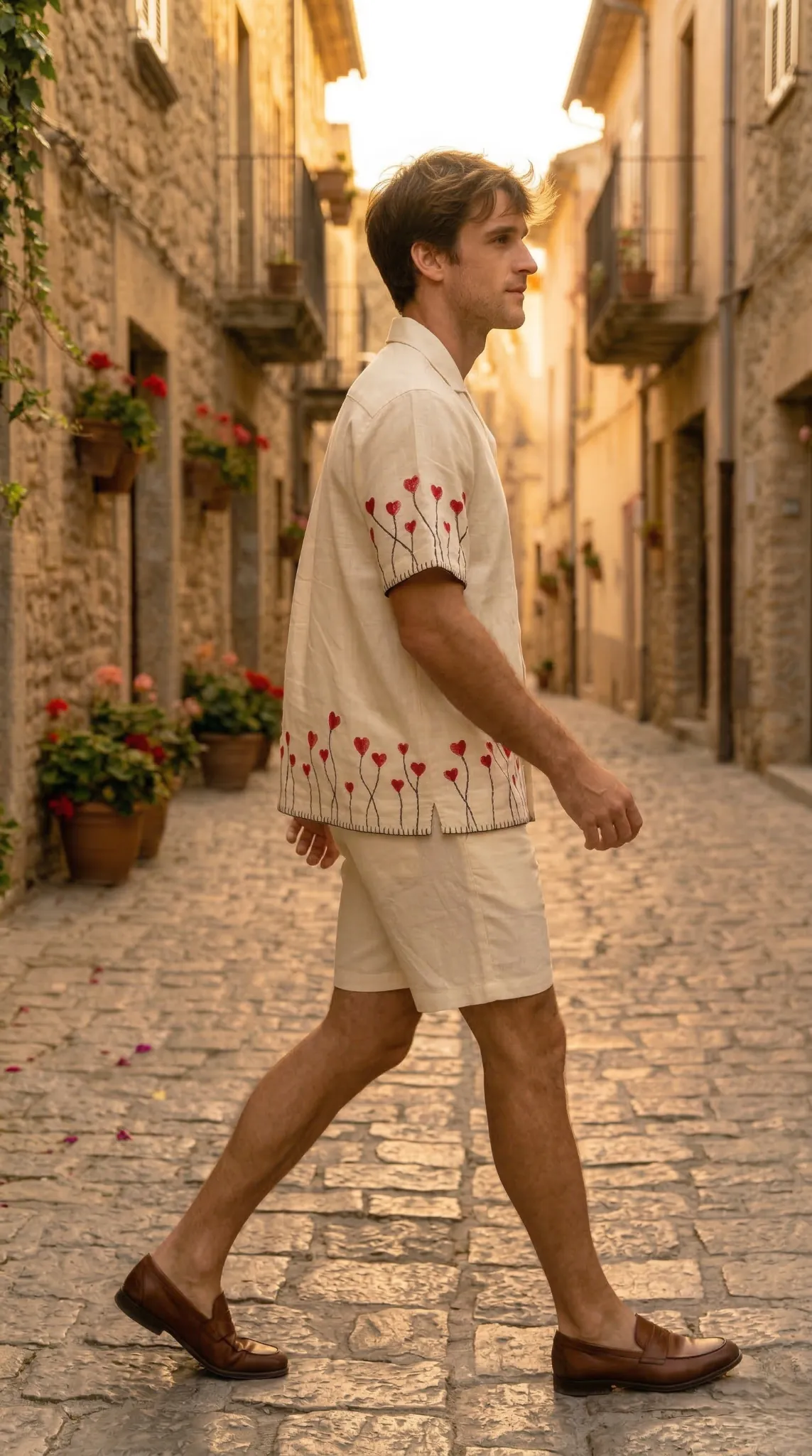 walking pose mens summer outfit linen shirt and shorts beach vacation style