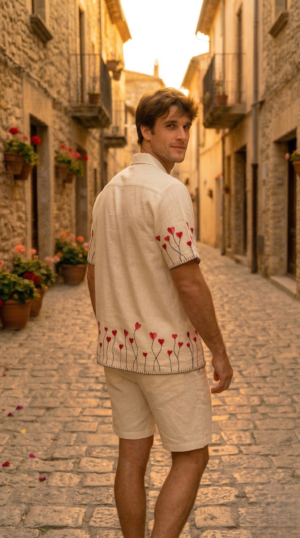 Back view linen shirt men minimal embroidered heart design resort style
