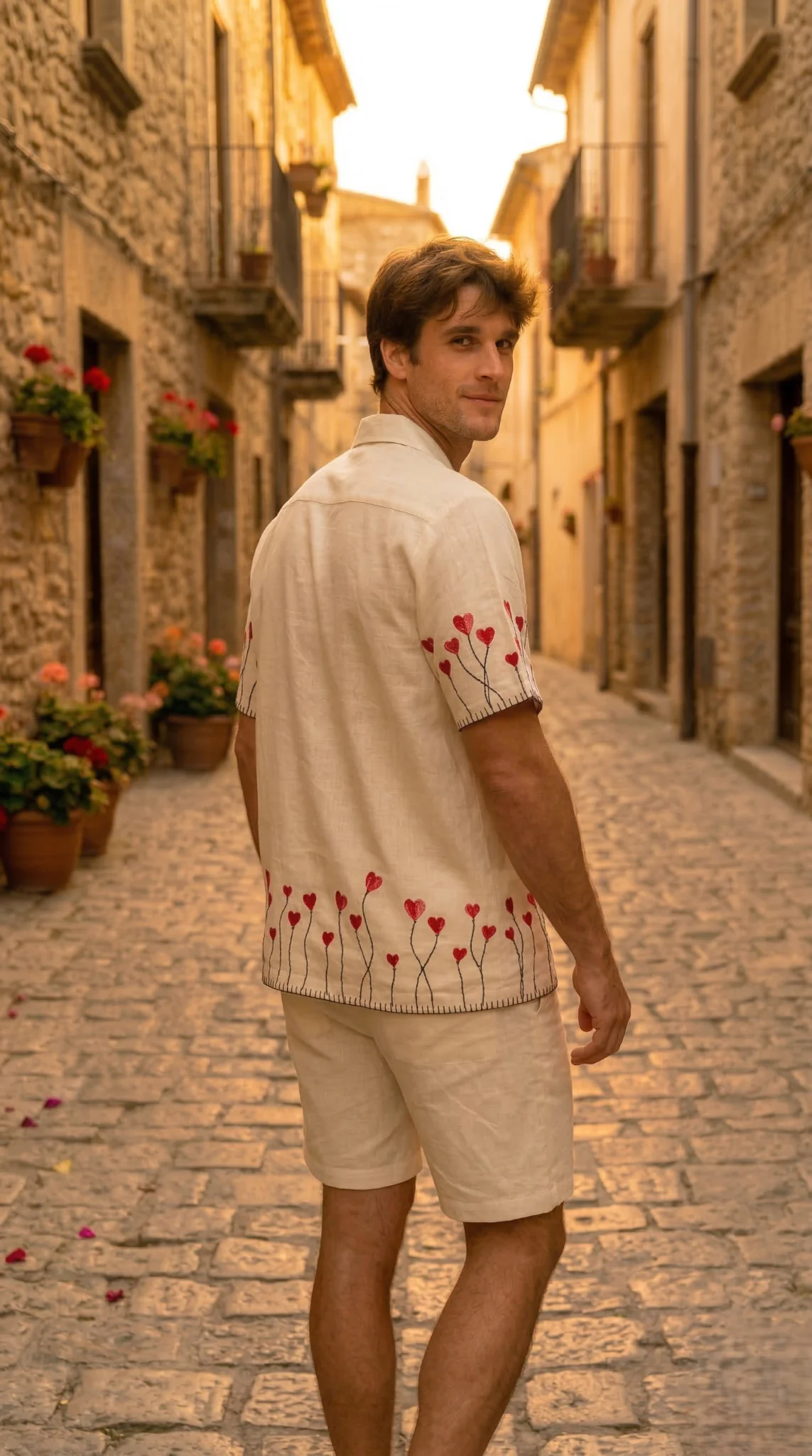 back pose mens summer outfit linen shirt and shorts beach vacation style