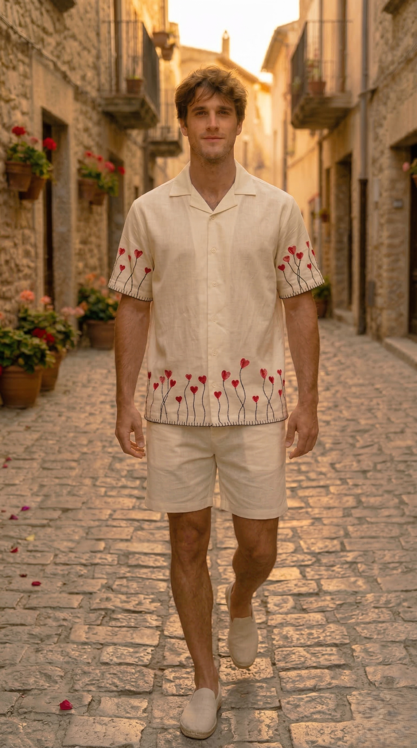 Full body mens summer outfit linen shirt and shorts beach vacation style