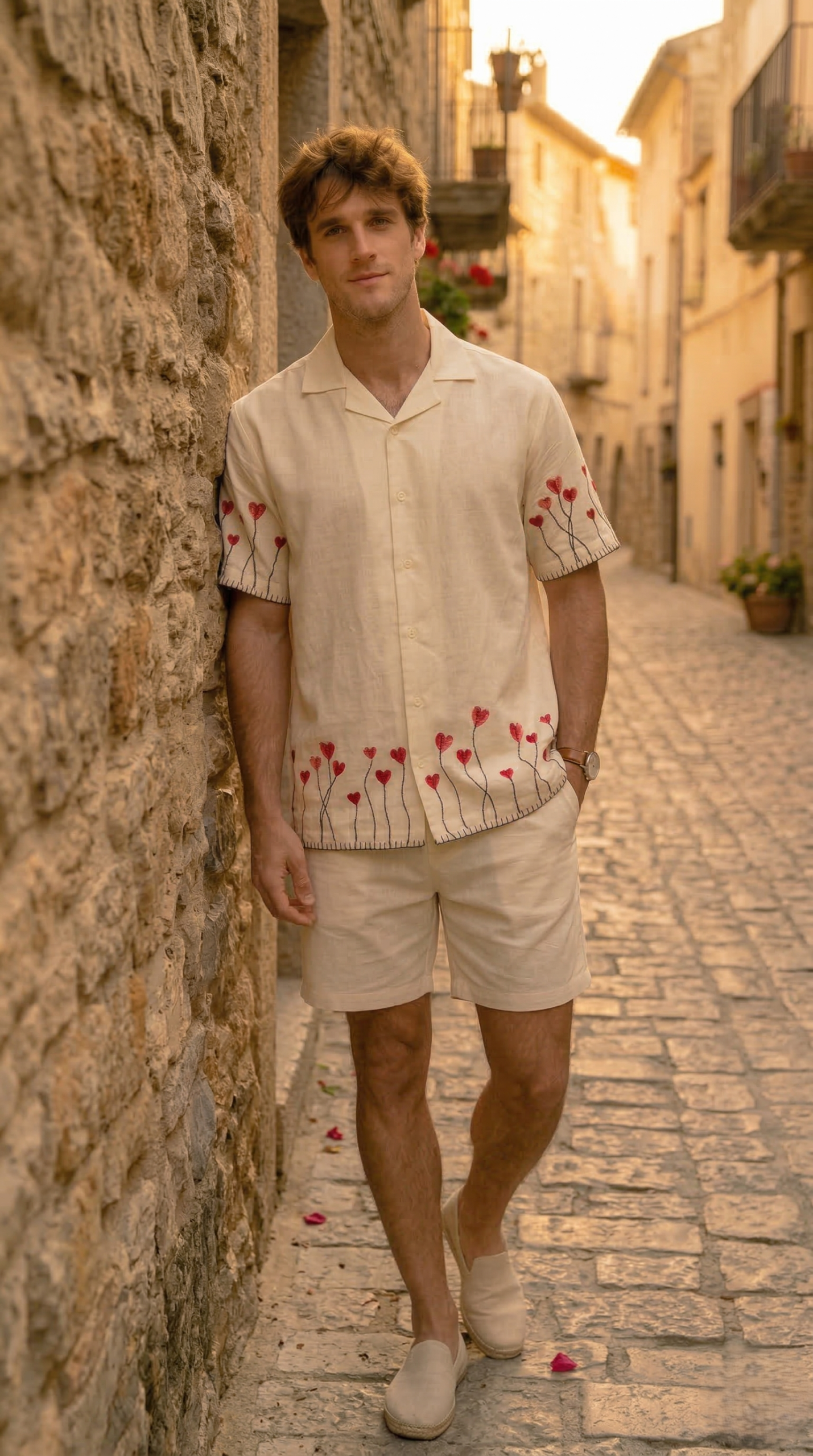 Male model wearing linen embroidered shirt with shorts resort vacation outfit