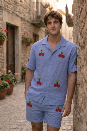 cherry embroidery linen shirt men summer outfit street style