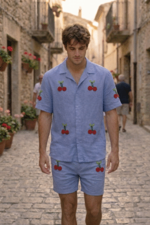mens resort wear linen set cherry embroidery walking look