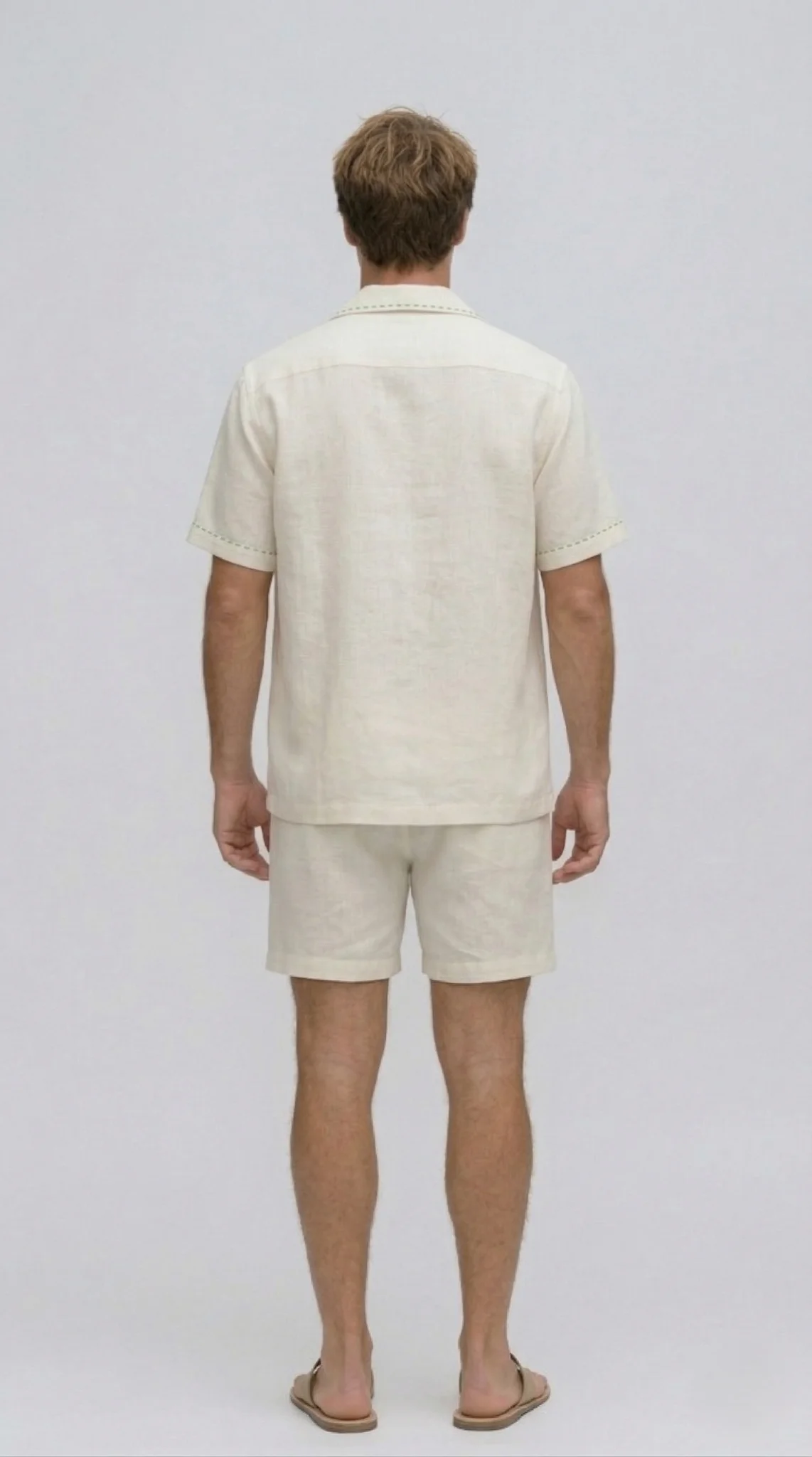 white linen cuban collar shirt men back view minimal handmade summer outfit Beach Walk Solo