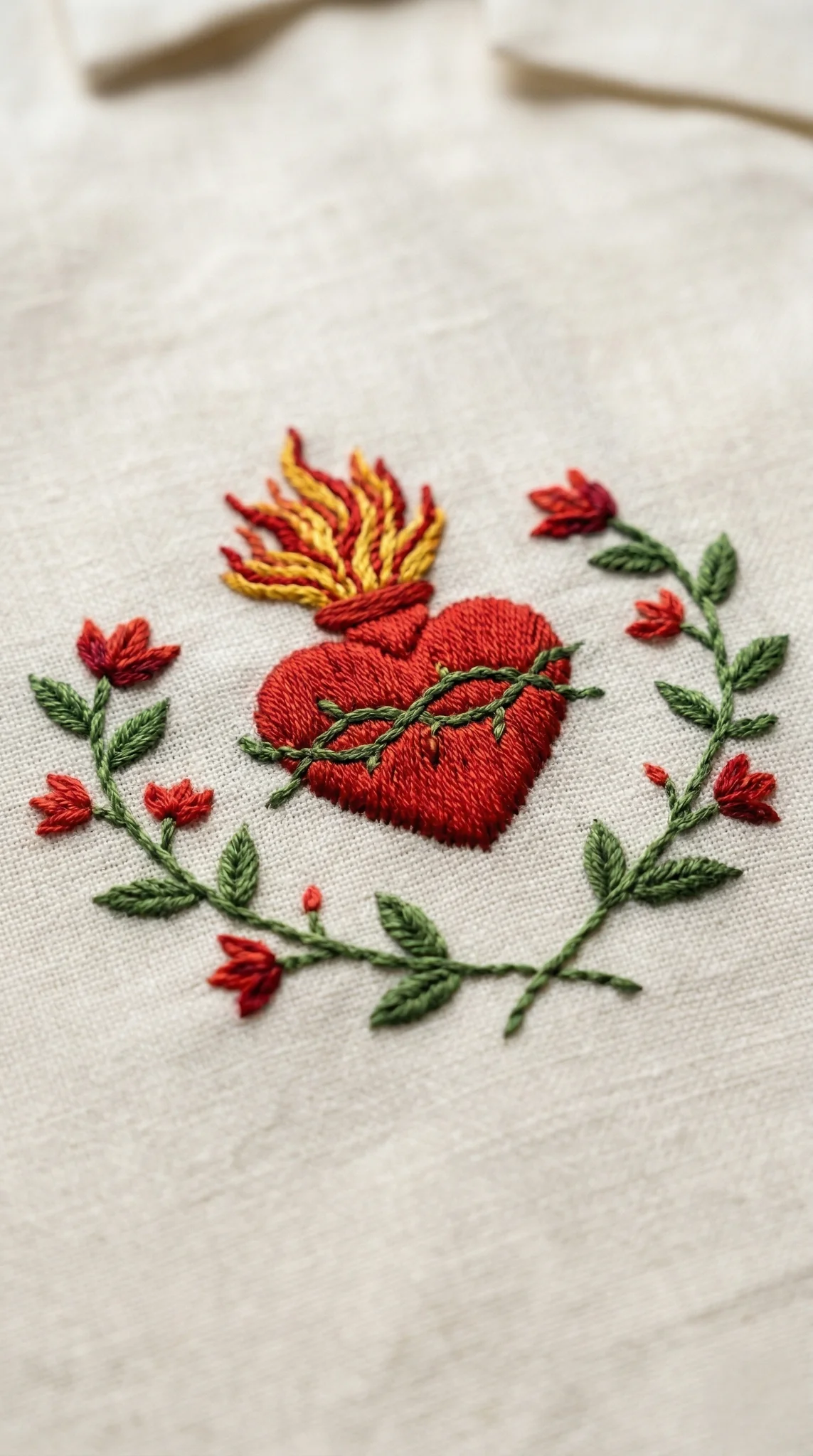 white linen shirt red heart embroidery handmade detail premium cotton fabric close up