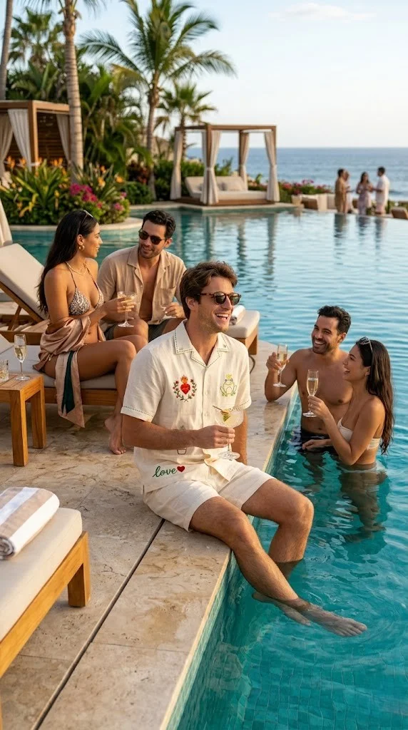 white linen embroidered shirt men pool party resort luxury summer outfit