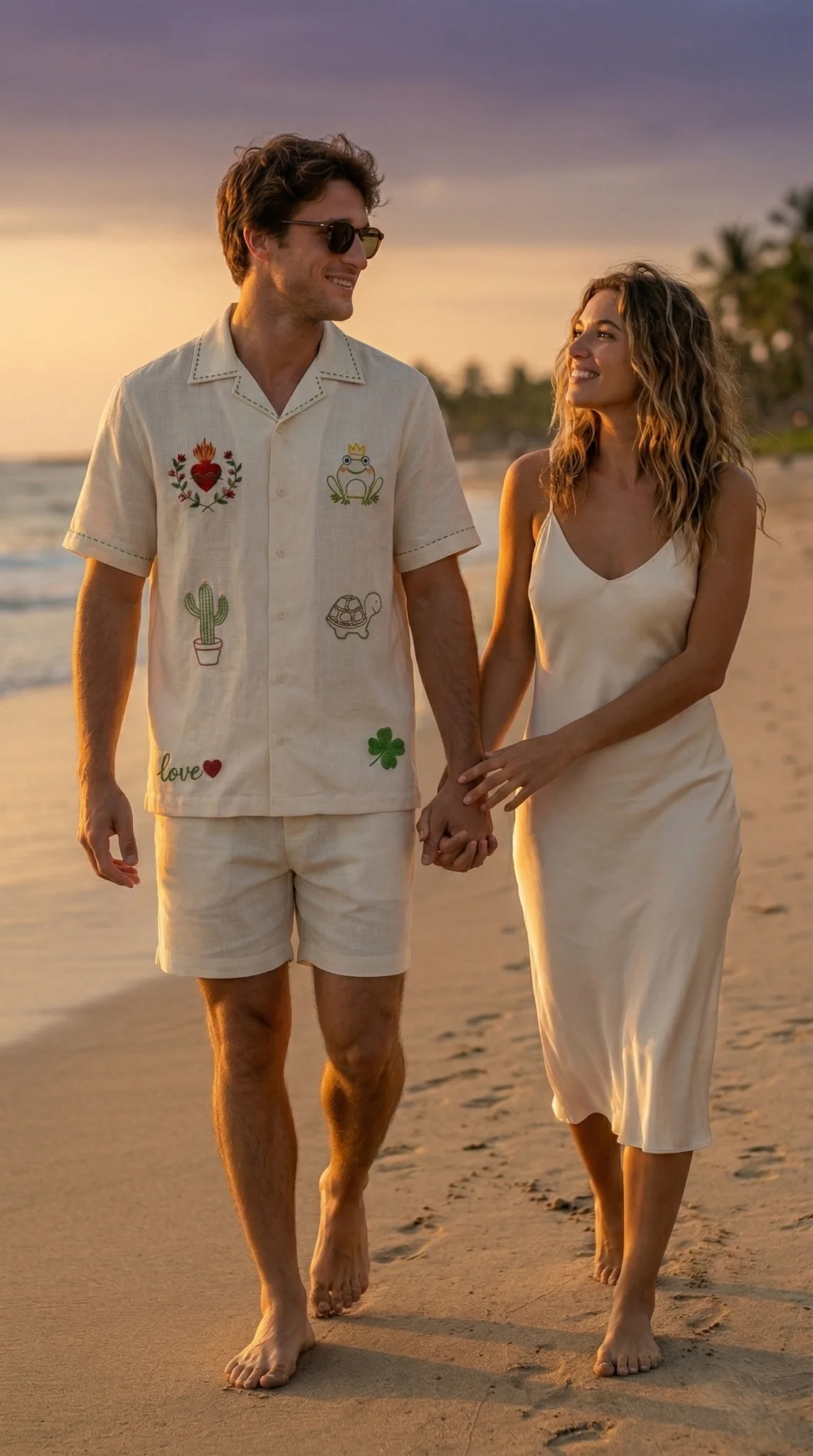 white linen embroidered shirt men couple walking beach romantic summer outfit