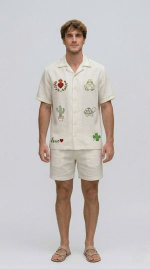 mens embroidered linen cuban collar shirt front view