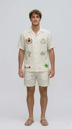 white linen embroidered cuban collar shirt men couple beach luxury outfit handmade shirt