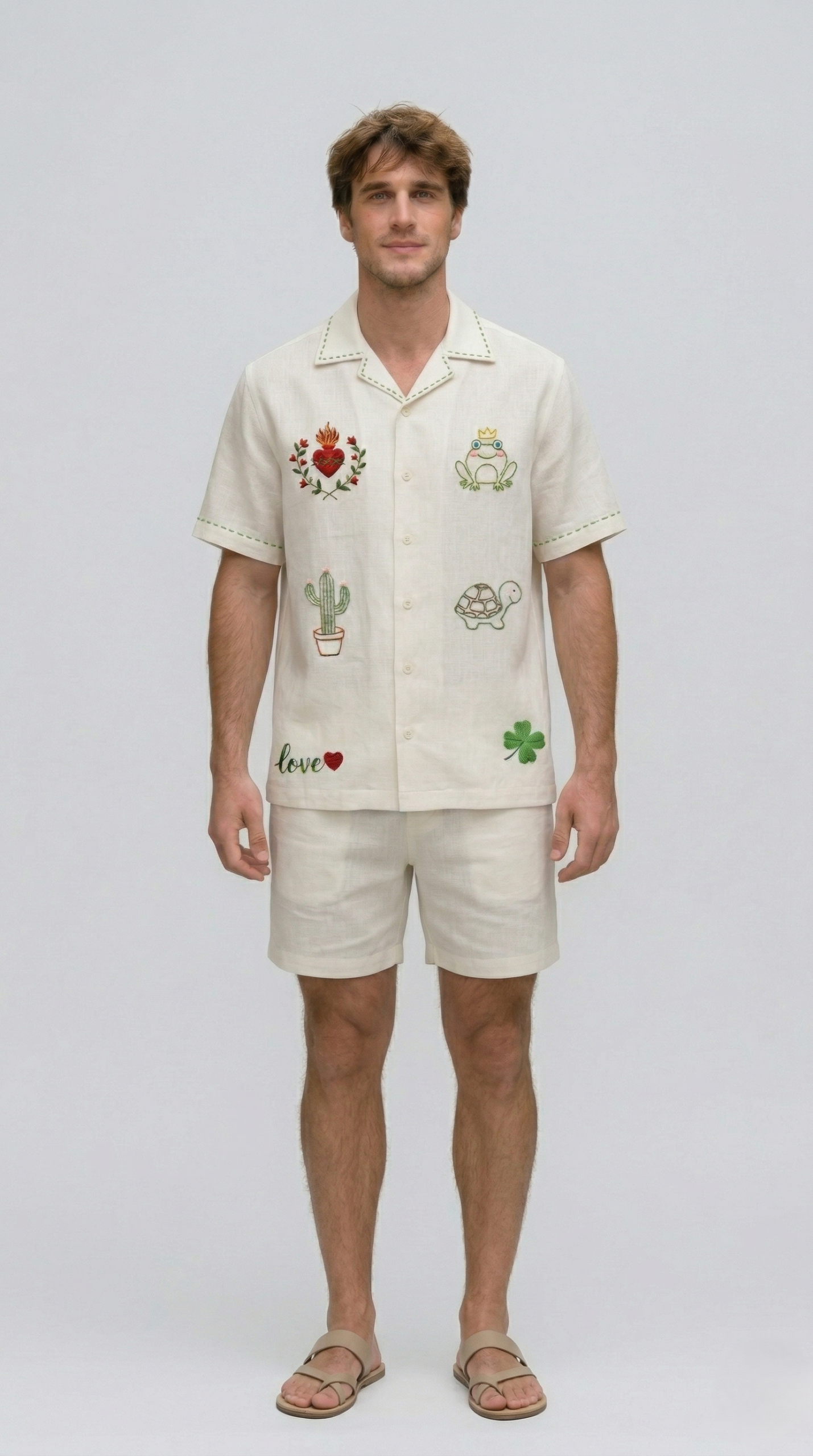 mens embroidered linen cuban collar shirt front view