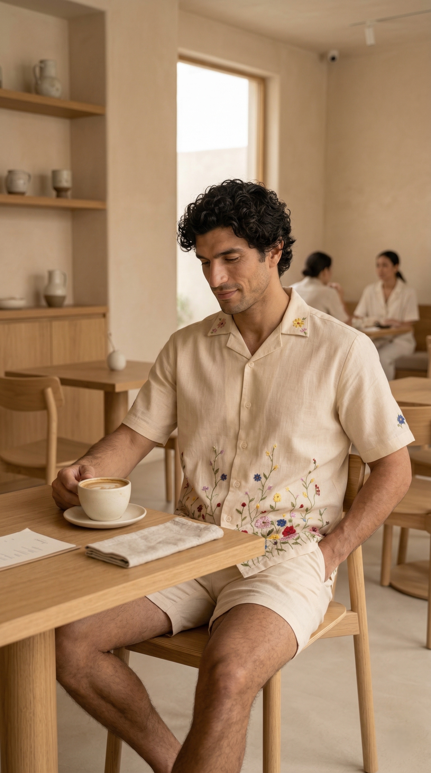 mens summer outfit linen shirt cafe look
