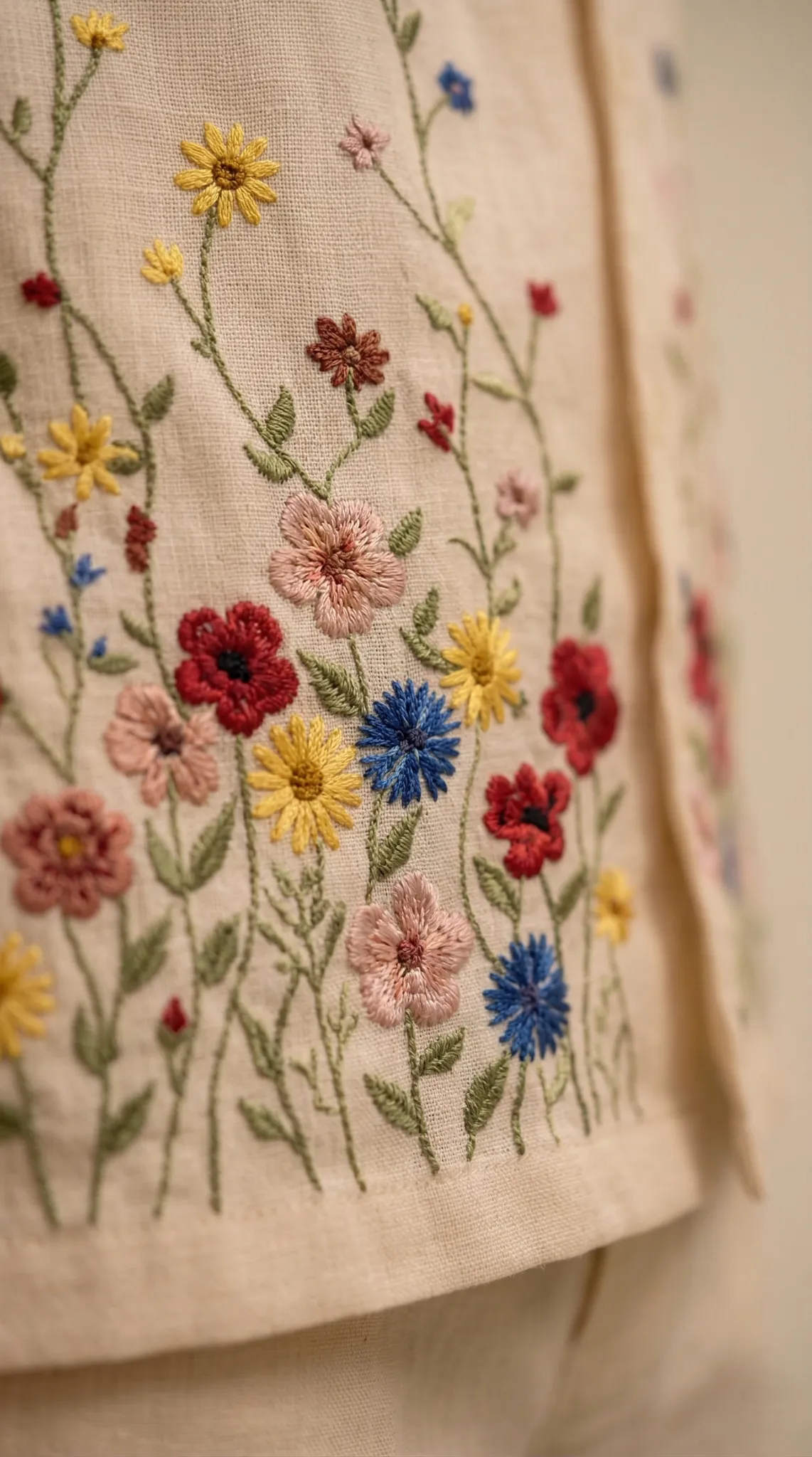 Detailed floral hand embroidery on beige linen shirt colorful thread work premium handmade design