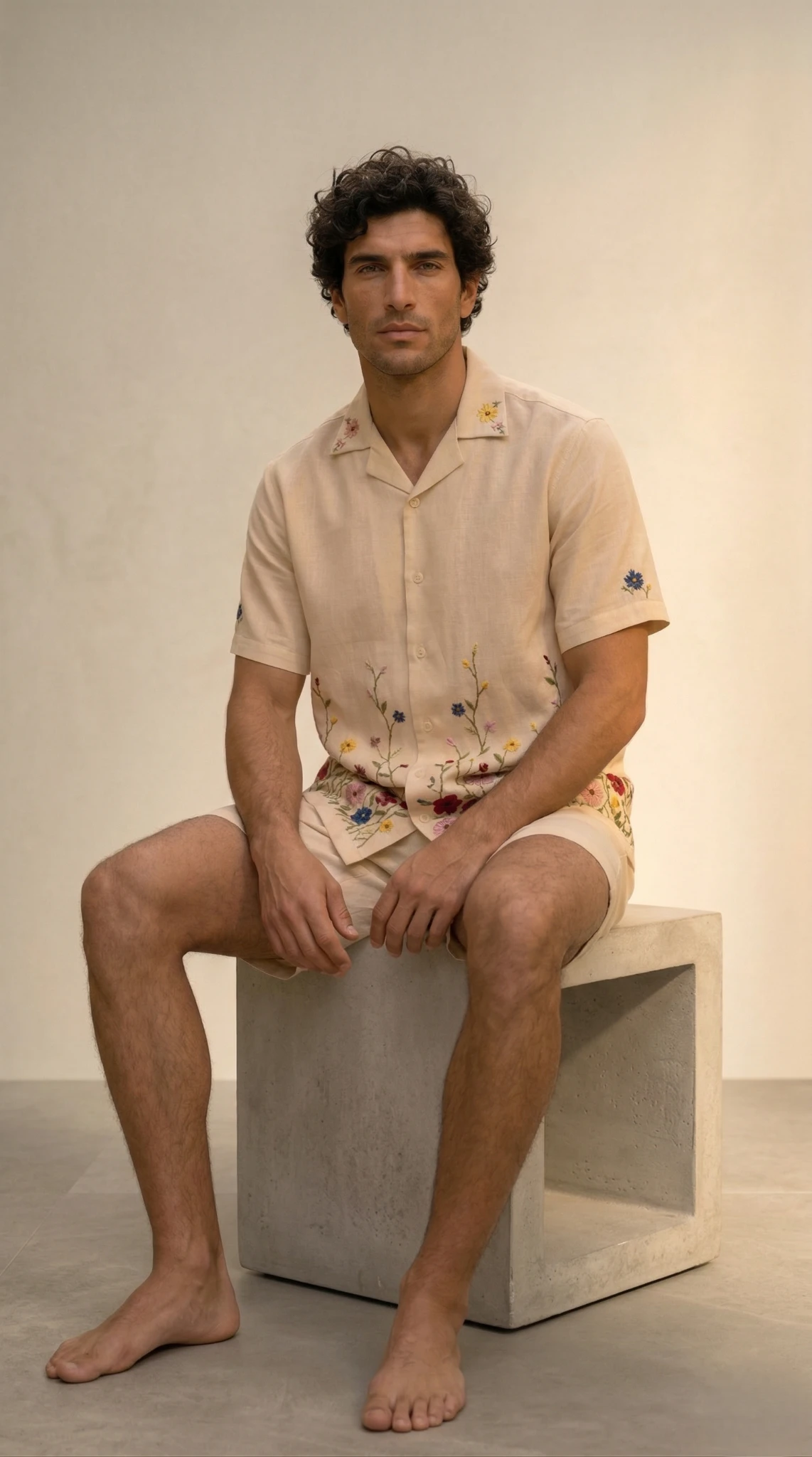 Men beige linen embroidered shirt relaxed fit studio shot minimal aesthetic summer fashion outfit