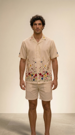 mens linen embroidered cuban collar shirt front view