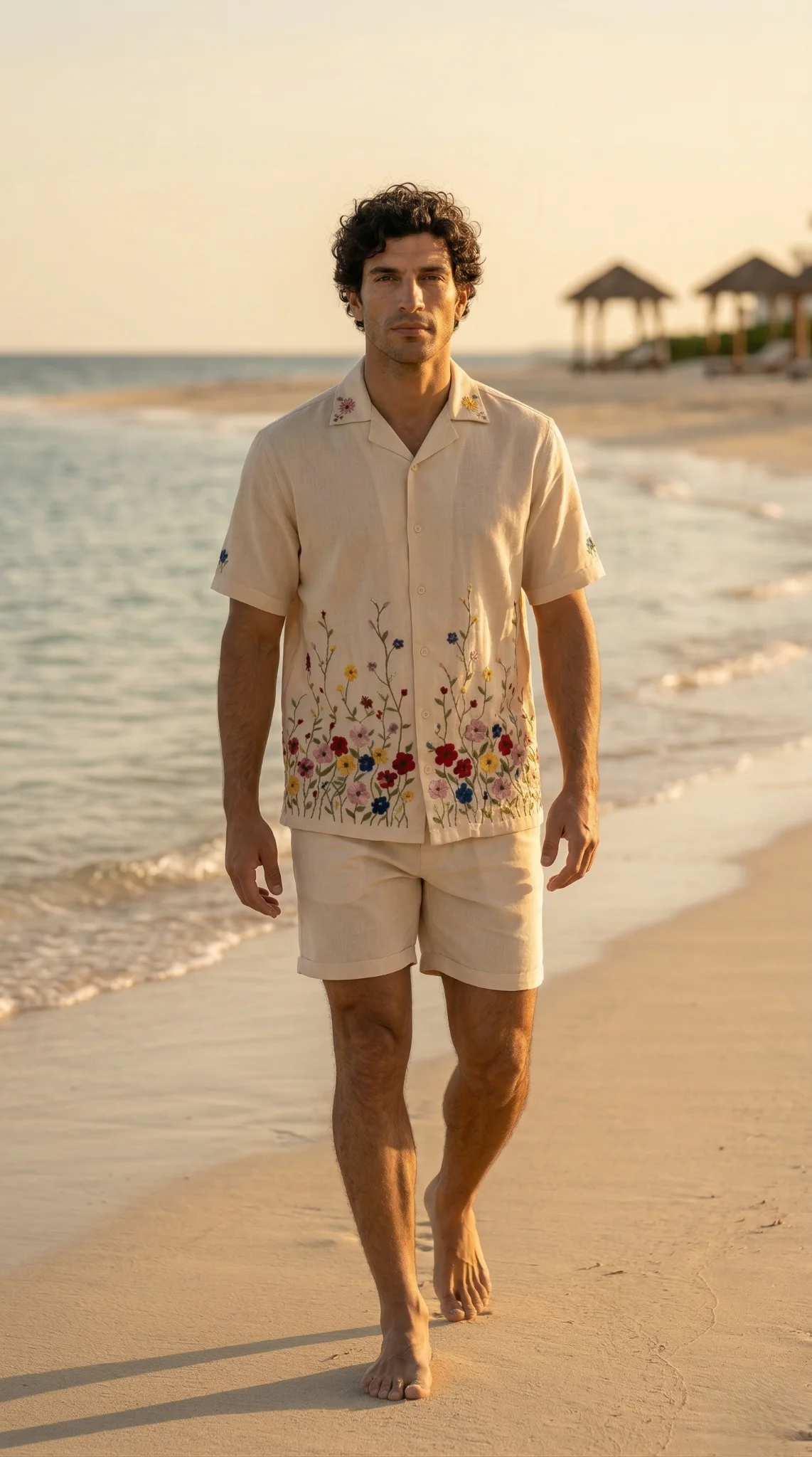 Men beige linen embroidered shirt beach outfit floral design summer vacation relaxed fit clothing
