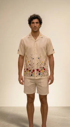 Men beige linen embroidered shirt with floral hand embroidery front view relaxed fit summer outfit
